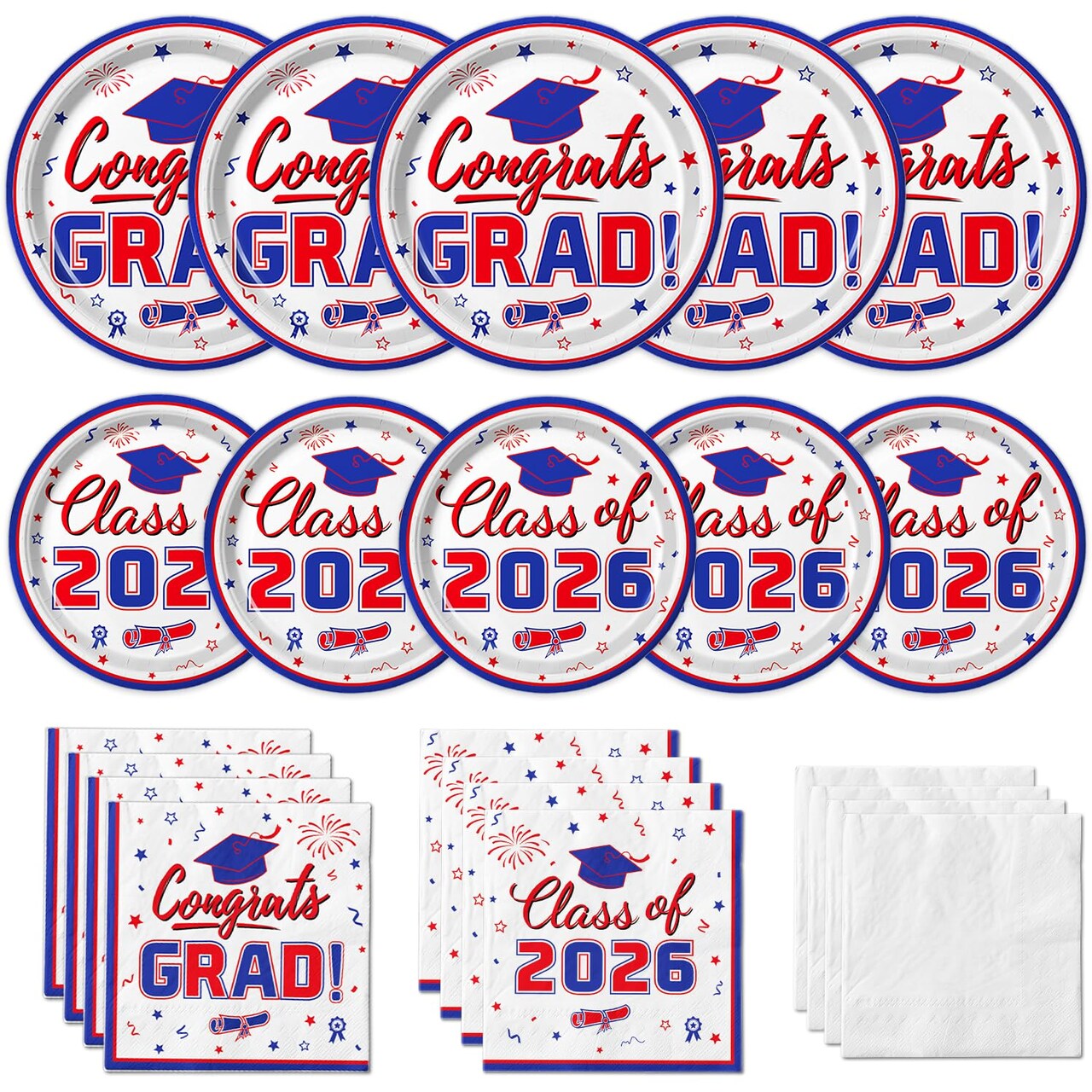 Graduation Party Supplies Kit Serves 50 - Graduation Party Red and Blue Class of 2026 Tableware Disposable Dinner Plates Dessert Plates and Napkins for Congrats Grad Party Decorations